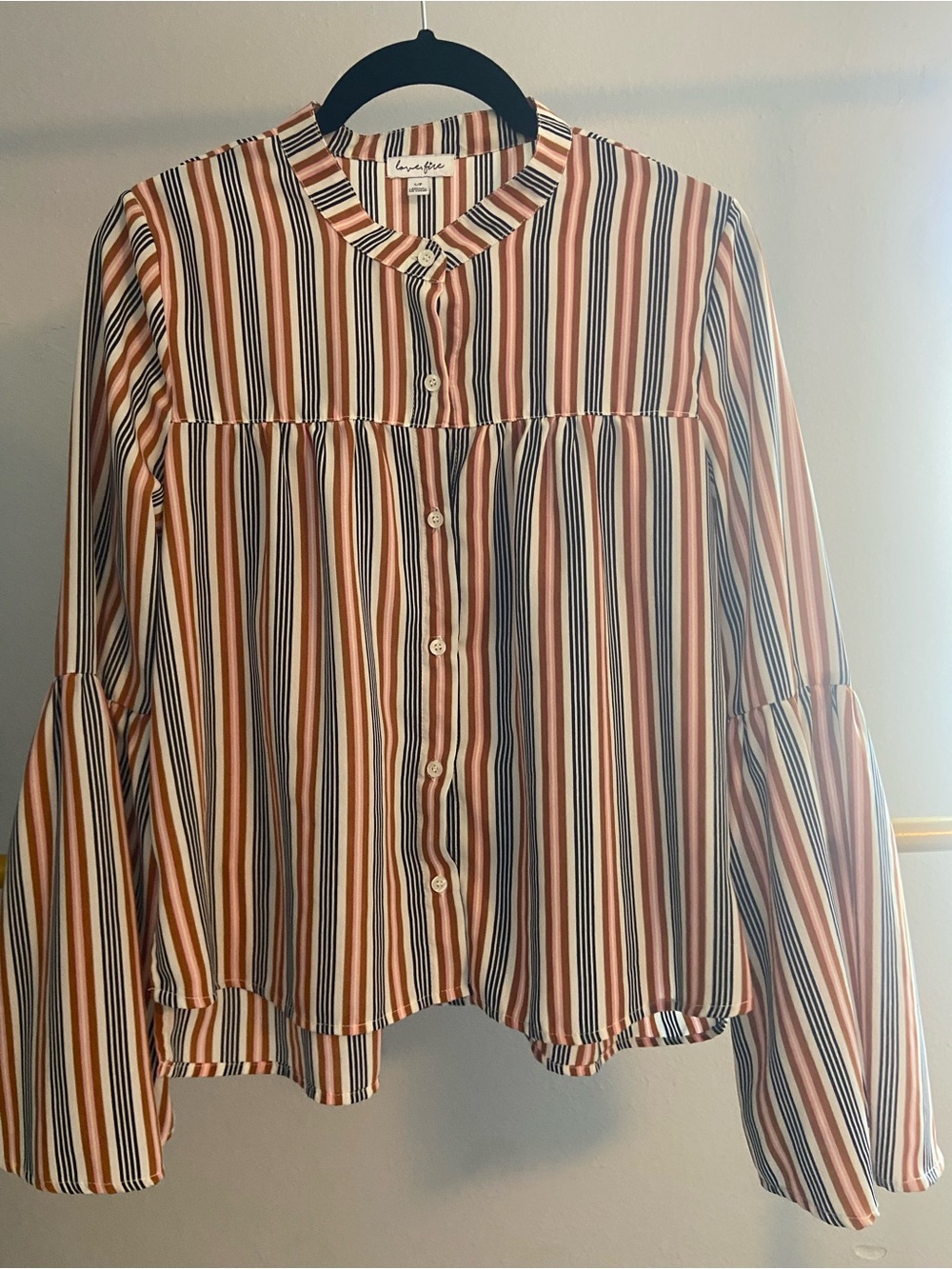 Love, Fire Striped Button-Up Blouse in Rust, Pink & Black